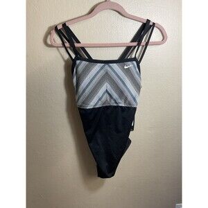 NIKE WOMEN'S SWIMSUIT BLACK/GRAY STRIPED SIZE L NWT MSRP $90